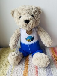 Мишка-гимнаст (бежевый) в купальнике и шортах 